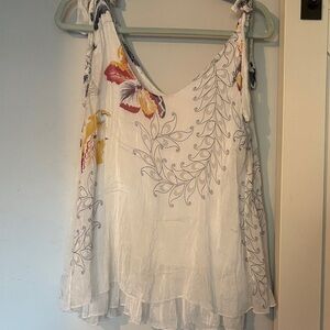 Silk Floral White Women's Flowy Tank Top With Shoulder Ties